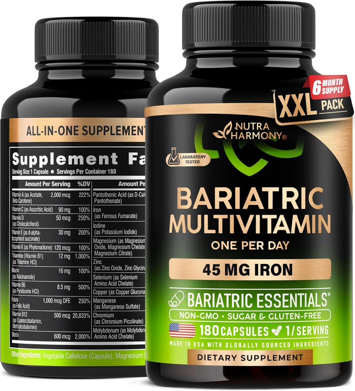 Bariatric Multivitamin - 45 mg Iron Supplements - Made in USA - for Women & Men - All-in-One, 21 Essential Vitamins - Gastric Sleeve Support - Free of Sugar, Gluten & Soy - 90 Capsules, Once Daily