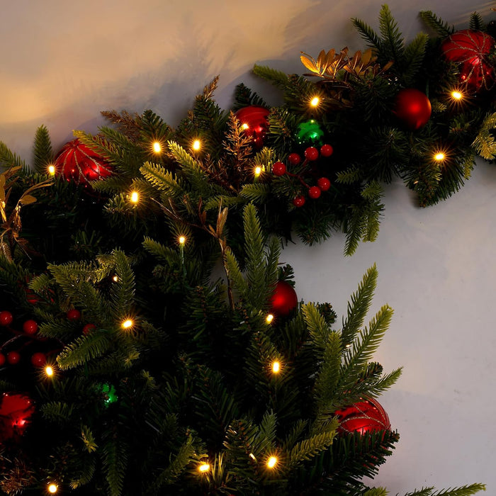 Pre-lit 9ft Christmas Garland with Lights, Garlands for Decoration Christmas with 243 Branches and 50 LED Warm Lights,for Mantle,Outdoor,Stairs Railing,Wall,Table,Indoor（Battery Operated）