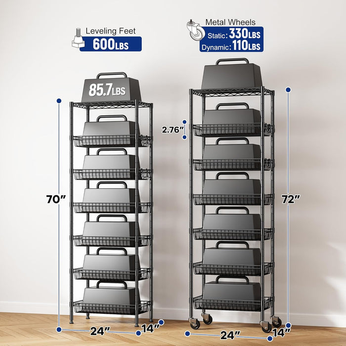 7 Tier Wire Shelving Unit with Wheels 72" H Adjustable Basket Shelf Storage Shelves with Hooks for Kitchen Bathroom Garage Closet Laundry Room Organization 72" H x 24" W x 14" D, Black