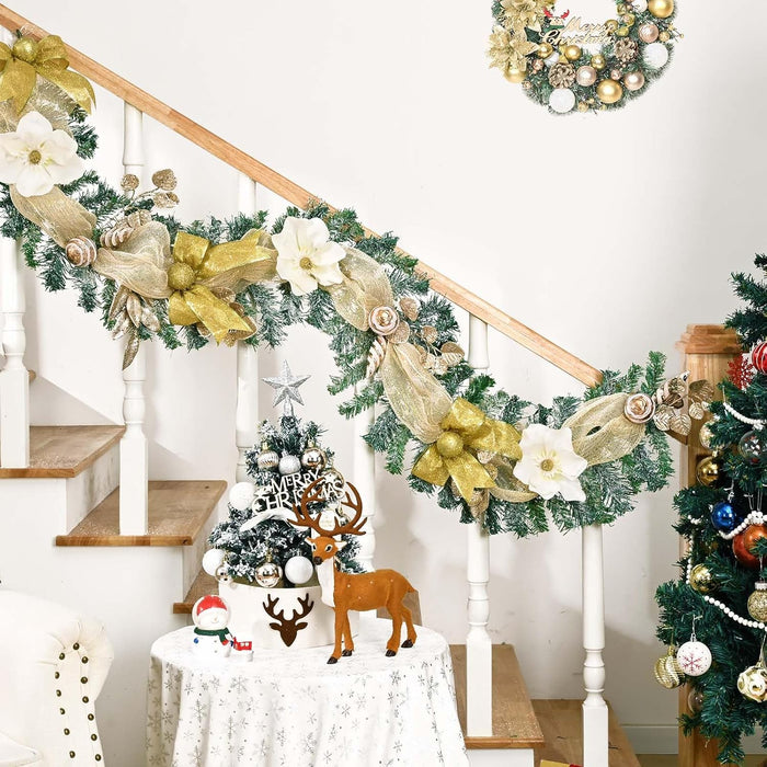 Christmas Garland with Lights, 5.9 FT Luxury Christmas Garland for Mantle, Christmas Flocked Garland with Gold Bows Ribbons Magnolia for Front Door Fireplace Table Home Decor
