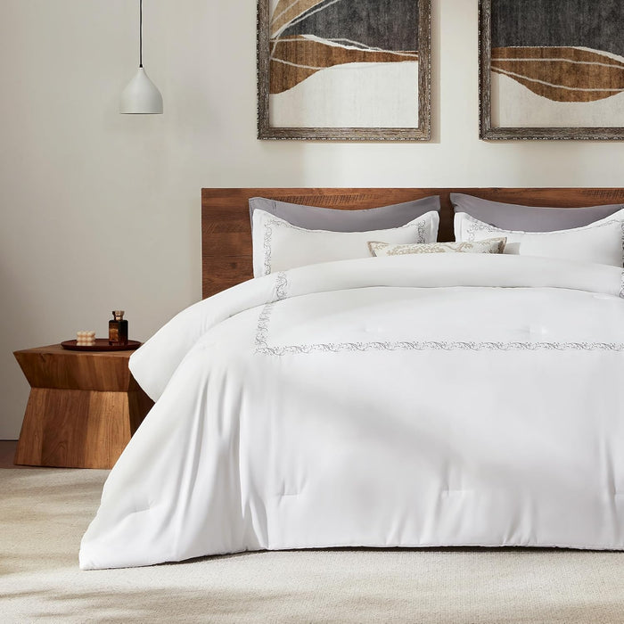 SLEEP ZONE Luxury Hotel Bedding Comforter Set 3-Piece Machine Washable, Lightweight Down Alternative Duvet Insert with Embroidered Stripes, Queen (90" x 95"), Navy Strips