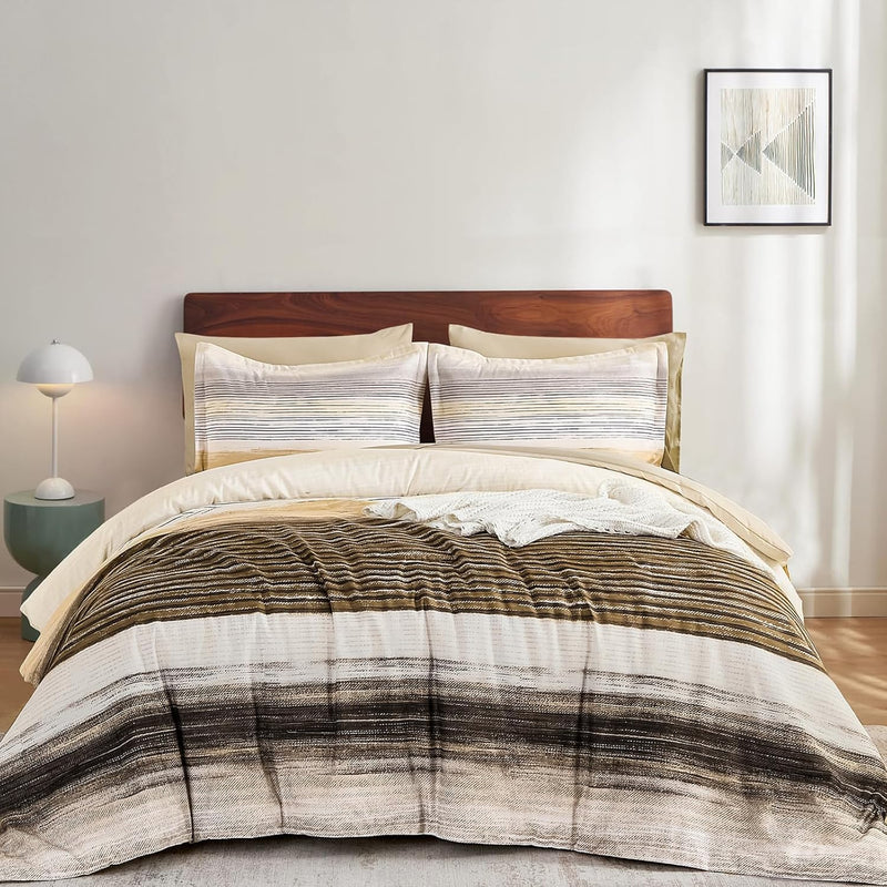 WONGS BEDDING Blue Comforter Set King Size, 7 Pieces King Bed in a Bag for All Season, Soft and Breathable Striped Bedding Set with Boho Comforter, Flat Sheet, Fitted Sheet, Pillowcases & Shams