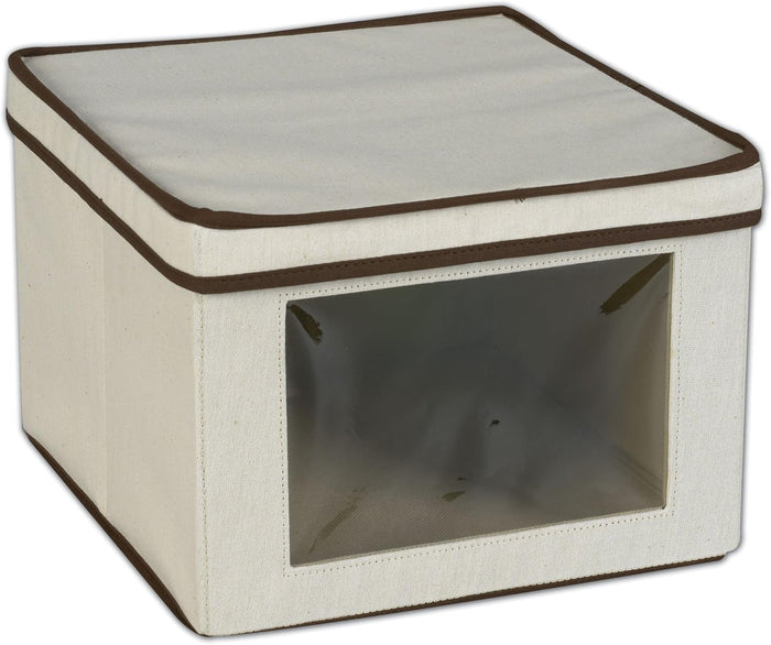 Household Essentials 515 Storage Box with Lid and Handle- Natural Beige Canvas with Brown Trim- Jumbo