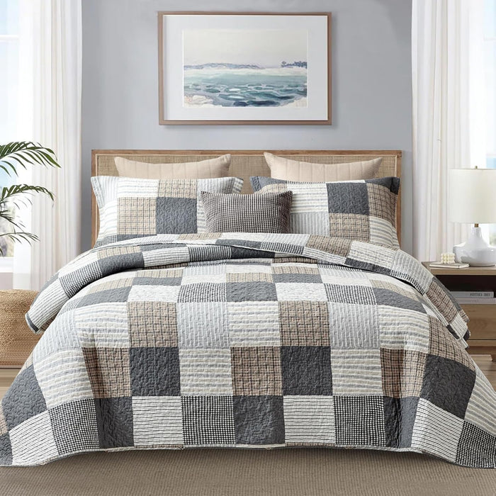Finlonte Quilts Queen Size - 100% Cotton Queen Comforter Set Green Moonbeam White Plaid Farmhouse Quilt Bedding Set, Reversible Lightweight Soft Bedspread, Quilted Coverlet All-Season, 3-Piece