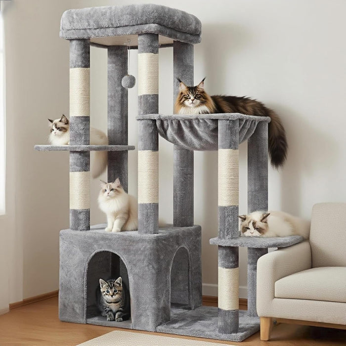 Heybly Cat Tree, 71-Inch Tall Cat Tower for Large Maine Coon Cats with Extra-Large Baseboard, Cat Condo Furniture with Multi-Level Platforms, 2 Hammocks and 12 Scratching Posts, Smoky Gray HCT037G