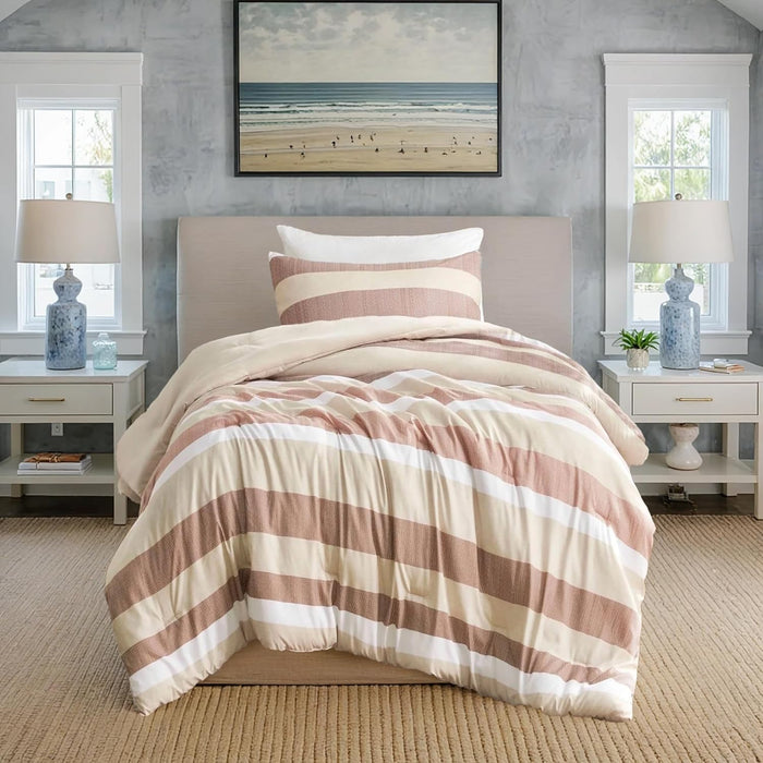 Queen Comforter Set, 3 Pieces Striped Bed Set, Soft Brushed Microfiber Reversible Bedding Set for All Season, Lightweight & Breathable Bedding Set with Comforter & Shams, Neutral
