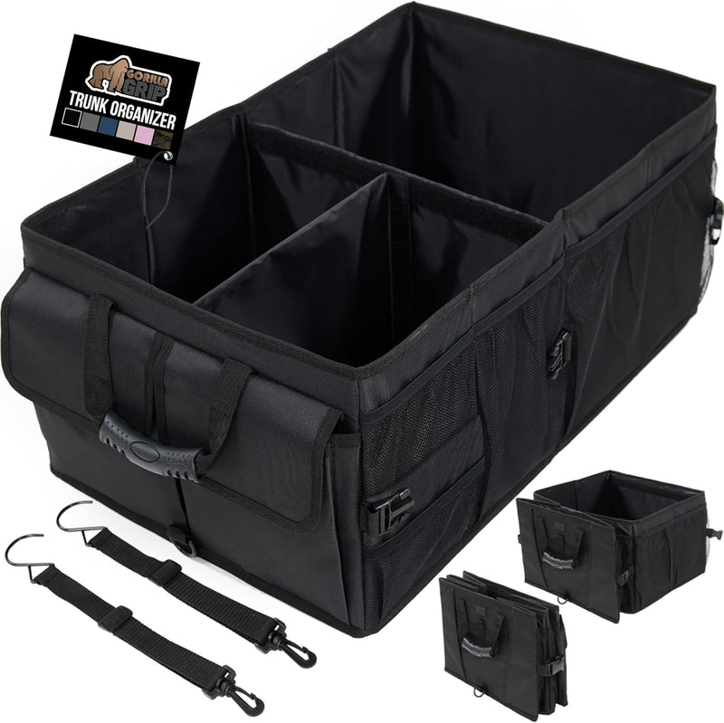 GORILLA GRIP Large Capacity Sturdy Trunk Storage Organizer, Slip and Water Resistant Collapsible Organization Container for Car Sedan or SUV, Multi Compartment Box Vehicle Accessories, Gray