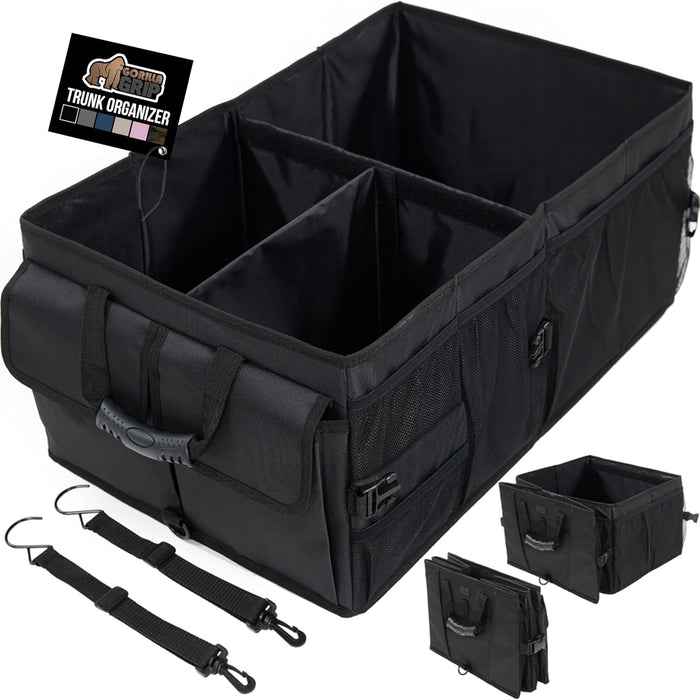 GORILLA GRIP Large Capacity Sturdy Trunk Storage Organizer, Slip and Water Resistant Collapsible Organization Container for Car Sedan or SUV, Multi Compartment Box Vehicle Accessories, Gray