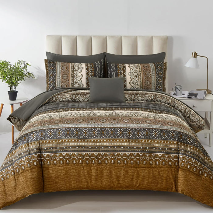 Boho Green Comforter Set Queen Size,8 Piece Bed in a Bag Bohemian Striped Bedding Quilt Set,Dark green Paisley Floral Comforter and Sheet Set,Soft Microfiber Complete Bedding Sets for All Season