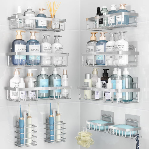 10 Pack Shower Caddy Organizer Rack Shelf for Inside Shower, Self Adhesive Wall Storage Basket Rustproof Stainless Steel Shampoo Holder Bathroom Accessory Decor Set, White