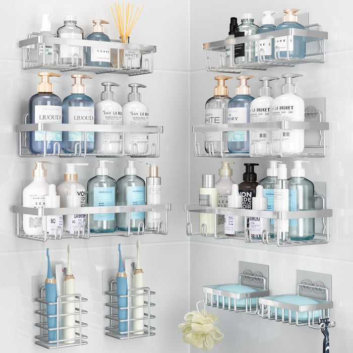 10 Pack Shower Caddy Organizer Rack Shelf for Inside Shower, Self Adhesive Wall Storage Basket Rustproof Stainless Steel Shampoo Holder Bathroom Accessory Decor Set, White