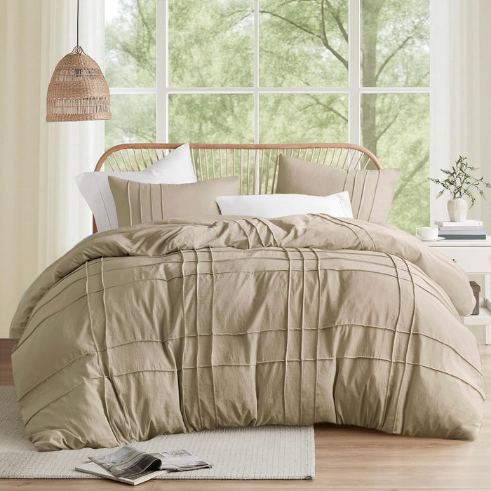 Comfort Spaces Cream Queen Size Comforter Set - 3 Pieces Pintuck Pleated Bedding Sets, All Season Lightweight, Extra Softness Pre-Washed Microfiber Queen Bed Set, Shams