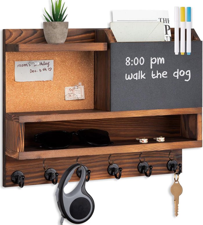 Key Holder for Wall Mount with Mail Organizer, Farmhouse Key Holder for Wall with Shelf, Chalkboard&Corkboard, Entryway Organizer 11 Metal Hooks, Decorative Natural Pine Wood, 14.6*11.1*3.3”, B-Brown