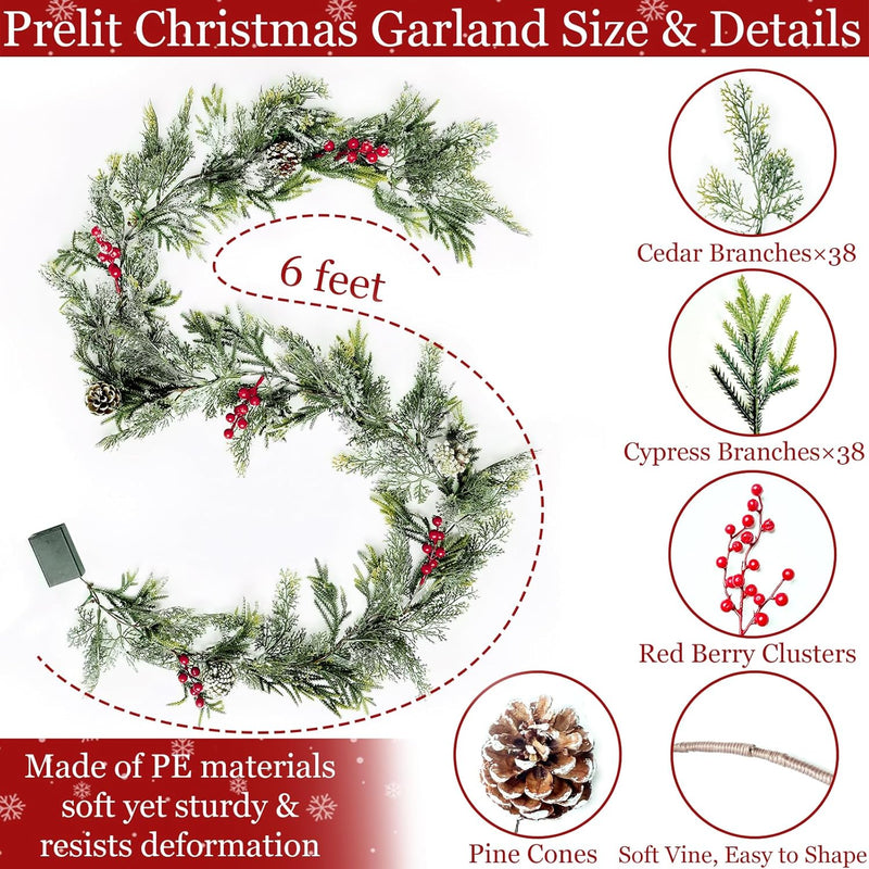 6FT Flocked Cedar Garland with Lights Timer, Pre-lit Christmas Garland Pinecones & Red Berries Warm White Lights, Lighted Cypress Garlands Battery Operated Christmas Decor Mantel Table Indoor Outdoor