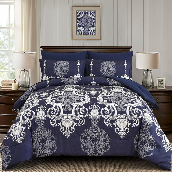 Mybedsoul King Size comforter set, 7 Pieces Boho Bed in a Bag for King Bed, Black Damask Comforter Set with Sheet, Pillowcases & Shams, Soft Microfiber Lightweight Bedding Set for All Season(90"x104")