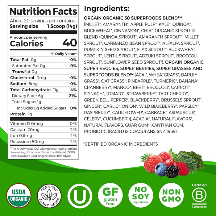 Orgain Organic Greens Powder + 50 Superfoods, Berry - 1 Billion Probiotics for Digestive Health, Antioxidants, Vegan, Plant-Based, Gluten-Free, Non-GMO, Green Juice & Smoothie Drink Mix - 0.62lb