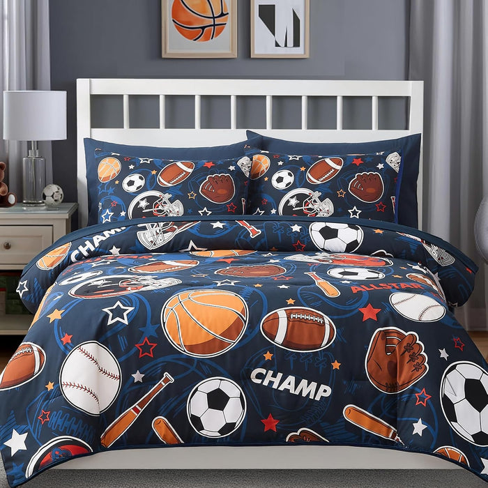 Twin Comforter Set for Boys-5 Pieces Sports Ball Games Glow in The Dark Twin Bedding Sets for Kids, Ultra Soft Bed in A Bag with Sheets