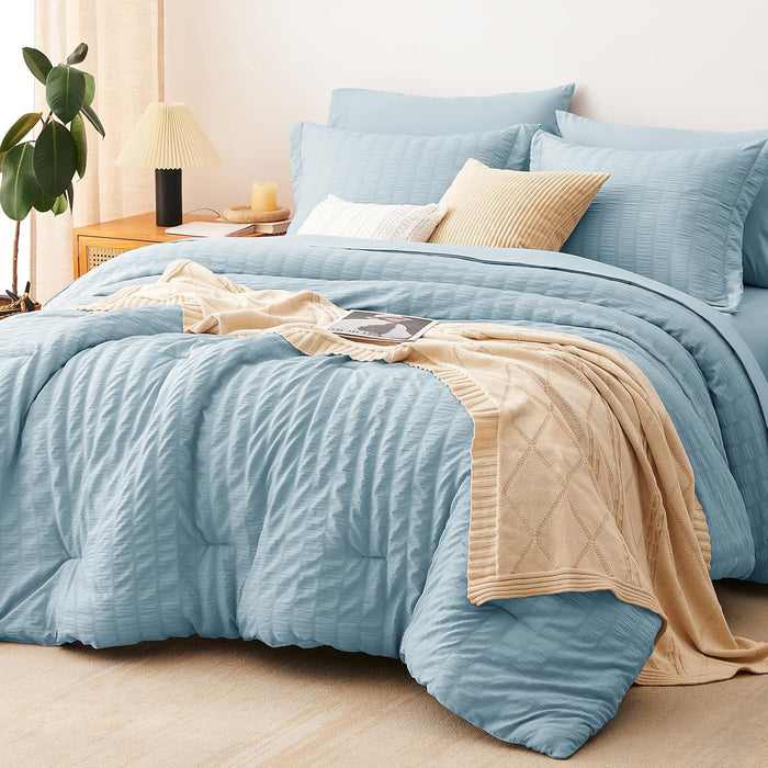 CozyLux Queen Comforter Set White Seersucker 7 Pieces Bed in a Bag Queen Comforter Set with Sheets, Luxury Soft Bedding Set with Down Alternative Comforter, Sheets, Pillowcases & Shams for All Seasons