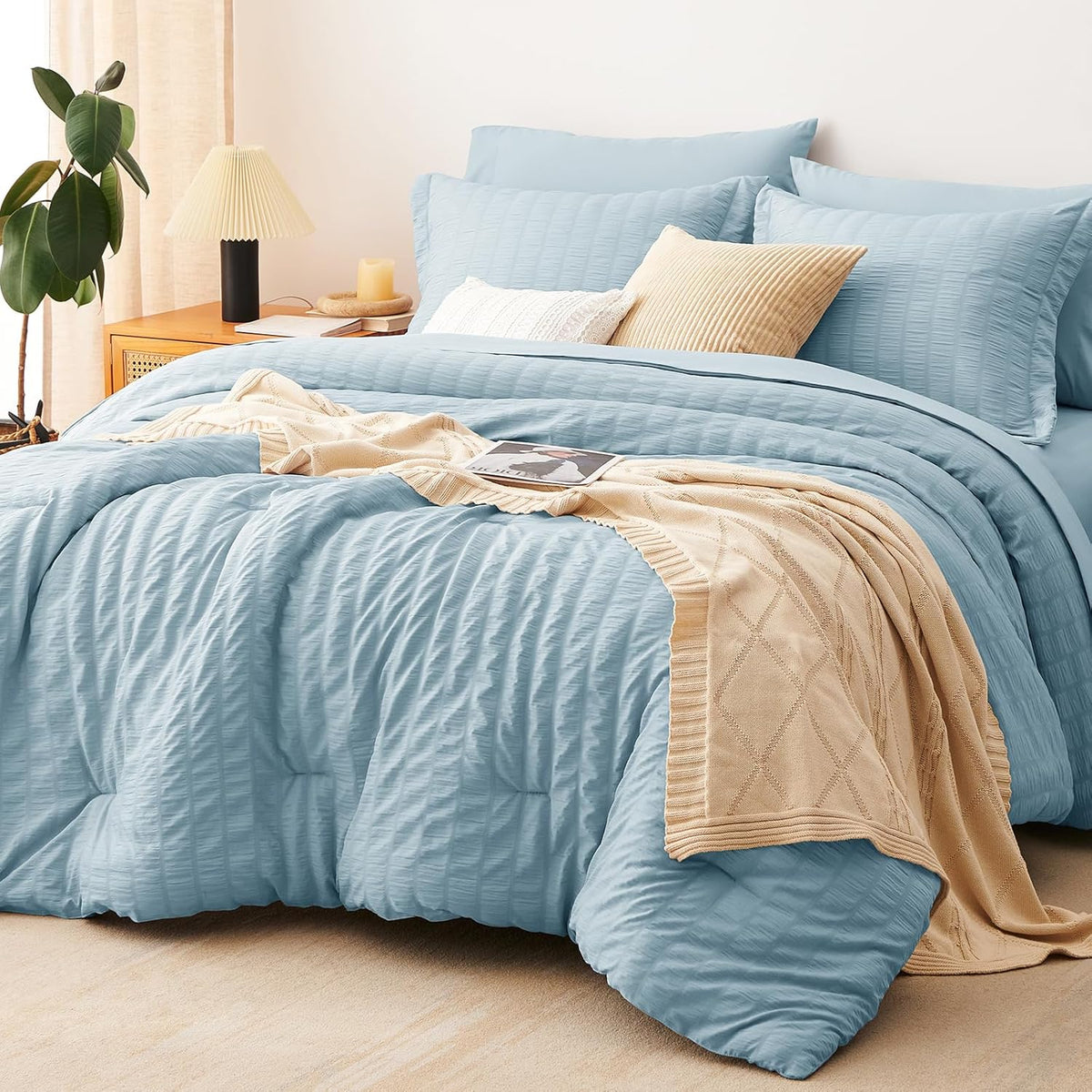 CozyLux Queen Comforter Set Dark Grey Seersucker 7 Pieces Bed in a Bag Queen Comforter Set with Sheets, Luxury Soft Bedding Set with Down Alternative Comforter, Sheets, Pillowcases & Shams All Seasons