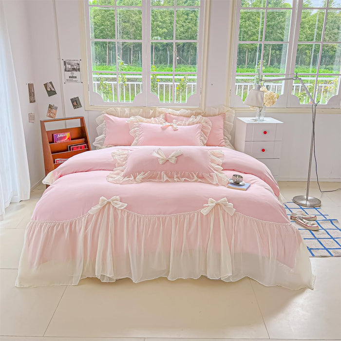 Ruffled Bedding Bow Duvet Cover Set with Butterfly Tie, Full Comforter Cover Set, Shabby Chic Bedding Set,Romantic French Princess Style -Yellow,Full