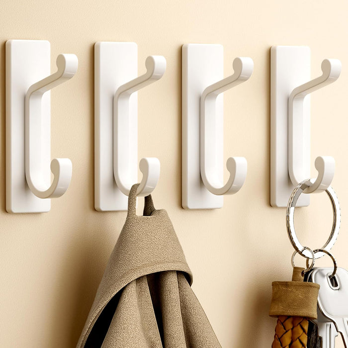 Silver Self Adhesive Hooks - 6 Pack Stick on Hanger for Coats, Towels and Robes, Double Hooks for Door, Kitchen, Bathroom, Shower, Rental Houses, Hold 13lbs.