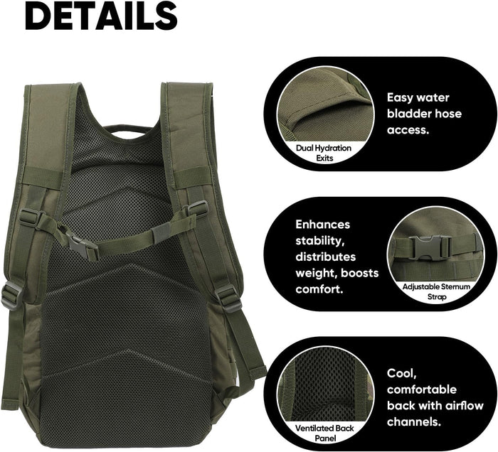 35L Tactical Backpack for Men, MOLLE Military Bug Out Bag, Waterproof Rucksack for Hiking with Hydration Port Army Green