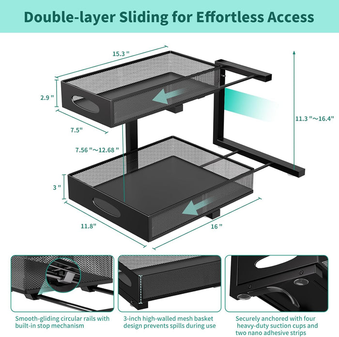 Under Sink Organizer, Extra-Wide Upgrade, 2-Pack of 2-Tier Metal Slide Out Cabinet Organizer, Height Adjustable Organization and Storage Series, Bathroom/Cabinet/Kitchen organization, Black