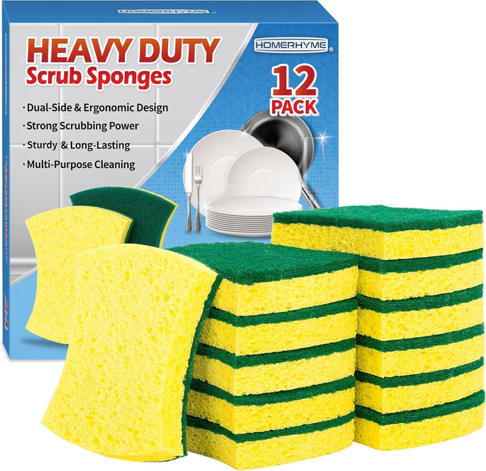 HOMERHYME Heavy Duty Scrub Sponge 24 Pack, Eco Cellulose Kitchen Dish Sponge Multipurpose Ergonomic for Washing Dishes, Uncoated Cookware & Household Cleaning.