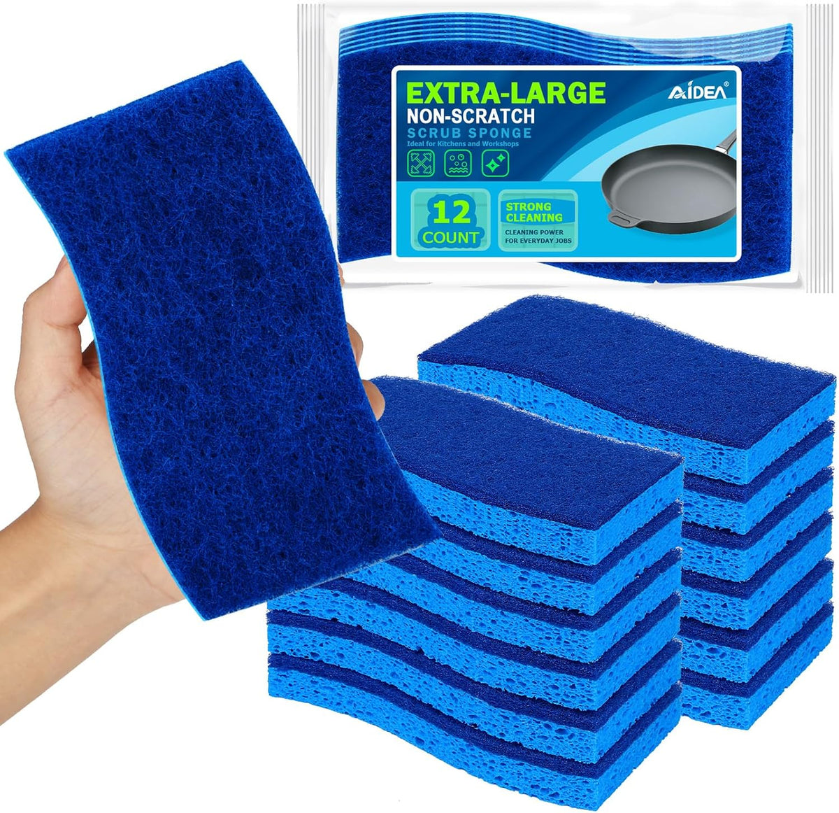 AIDEA XL Scrub Sponges 6Count, Heavy Duty Sponges for Dishes, Extra Large Sponge for Cleaning Kitchen and Household, Heavy Duty Sponge Safe for Non-Coated Cookware, Cleaning Power for Bathroom, House