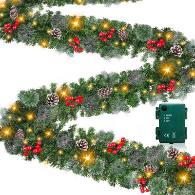 Timer - 9Ft by 10 Inch Prelit Christmas Garland Decoration with 50 Warm White LED Battery Operated Lighted Garland, 200 Branches 20 Canyon Pine Berry Pinecone, Xmas Stair Home Fireplace Outdoor Indoor
