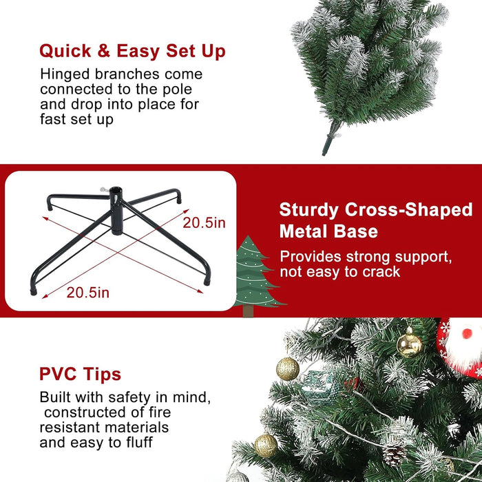 olelo 7.5 ft Artificial Christmas Tree, Snow Flocked Xmas Tree with 500 Lights, 1200 Branch Tips, 60 Decorative Pendant & 3 Decorative Socks, Metal Hinges & Foldable Base