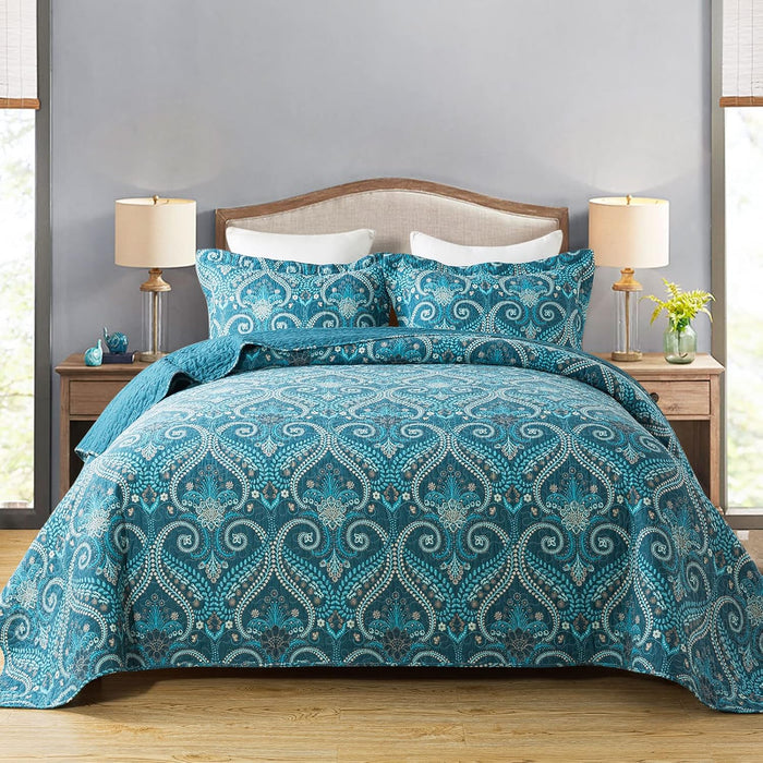 Travan 3-Piece Quilt Set Quilted Bedspread Lightweight Coverlet Set Garden Style Floral Printed Oversized Quilted Bedding Set with Shams for All Season, Exquisite, Queen Size