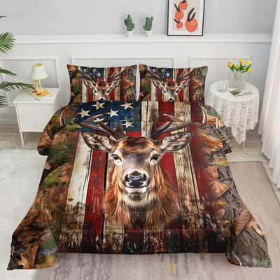 Kids Comforter Set American Flag Deer Printed Pattern Bedding Set with 1 Comforter and 2 Pillowcases for Girls Boys Bedroom All Season(American Flag Deer03 Twin)