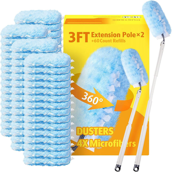 30 Count Heavy Duty Duster Refills with 3 ft Extendable Handle Starter Kit, Compatible with Swiffer Disposable Microfiber Feather Dusters for Cleaning Home
