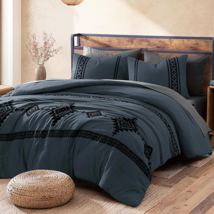 MaiRêve Embroidery Queen Size Comforter Set Black, Boho Farmhouse Western Bedding Set 7 Pieces, All Season Bed in A Bag Comforter Set with Sheets, Pillowcases & Shams
