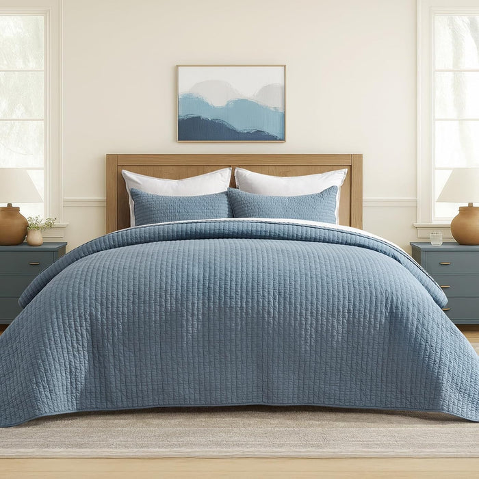 EVERGRACE x Kinsey Walsh Cross Stitch Pre-Washed Cotton Quilt Bedding Set King Size, Oversized 3 Pieces Lightweight Bedspread Coverlet for All Season, with 2 Matching Shams, Dusty Blue, 108"x96"