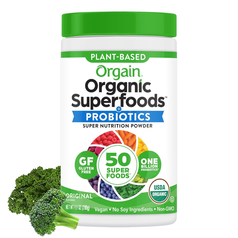 Orgain Organic Greens Powder + 50 Superfoods, Berry - 1 Billion Probiotics for Digestive Health, Antioxidants, Vegan, Plant-Based, Gluten-Free, Non-GMO, Green Juice & Smoothie Drink Mix - 0.62lb