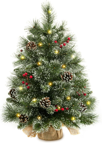 24" Mini Christmas Trees with Flocked Pine Needles, Pine Cones, Berries Decoration, 2 Ft Decorated Burlap Trees with 25 Led Lights, Kitchen Tabletop Artificial Pre Lit Christmas Tree