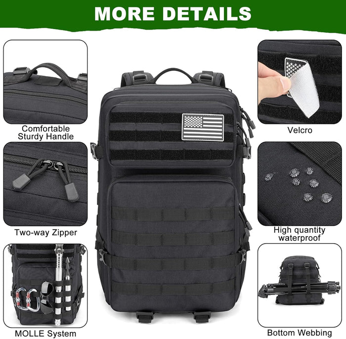 45L Large Gear Tactical Military Rucksack – Durable, Water Resistant, MOLLE Assault Pack for 3 Day Trips, Daily, for Men Women(Black)