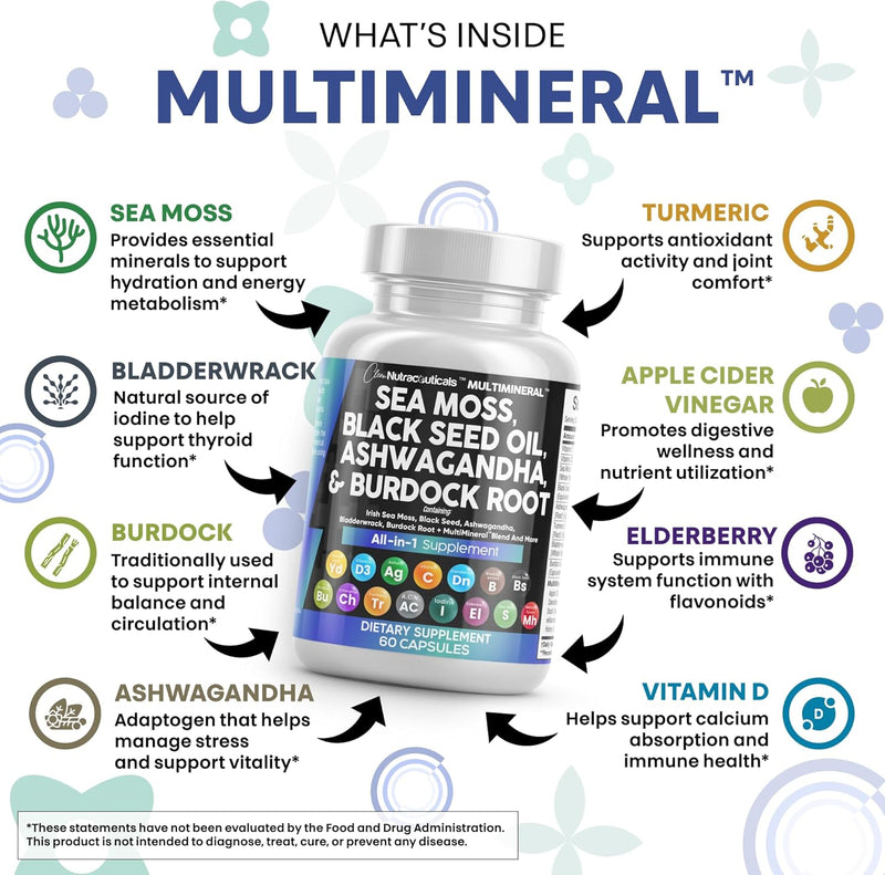 Clean Nutraceuticals Sea Moss Black Seed Oil Ashwagandha Turmeric Bladderwrack Burdock & Vitamin C Vitamin D3 with Elderberry Manuka Dandelion Yellow Dock Iodine Chlorophyll ACV