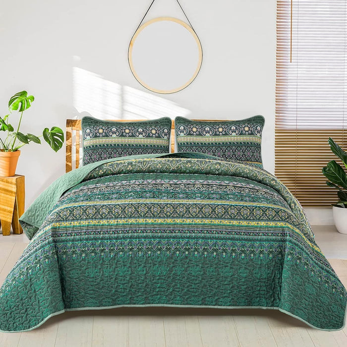WONGS BEDDING Boho Fall Queen Quilt Set, Brown Bohemian Queen Quilt Bedding Set, Lightweight Microfiber Bed Decor Bedspread for All Season 96"x90"(3 Pieces)