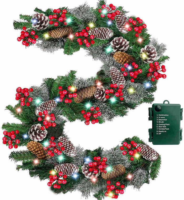 Auto Timer & 8 Modes 9Ft by 10 Inch 50 LED Prelit Christmas Garland Decorations Warm Lights Thick 270 Lifelike Snowy Tips 70 Red Berries 10 Pinecones Xmas Garland Fireplace Door Stairs Home Outdoor