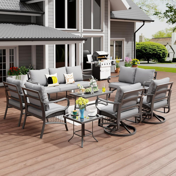 5 Piece Patio Furniture Set, Outdoor All Weather Conversation Sofa Set with 2 Swivel Chairs, Rope Braided Design and Thick Cushions for Garden, Porch, Lawn, Beige