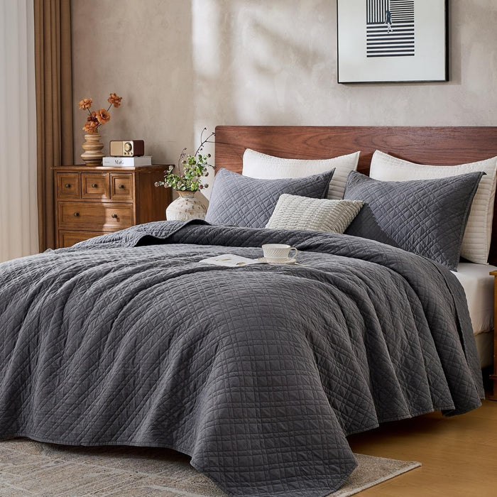 DOWN HOME Queen Quilt Bedding Set with Shams, Lightweight Bedspread Coverlet Thin Comforter Bed Cover Soft Quilted Blanket for All Season, Brushed Microfiber Diamond Stitching, Ash Gray, 88"x92"