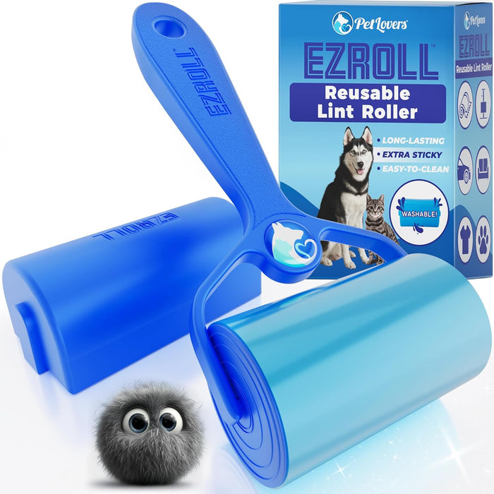 PetLovers EzRoll Reusable Lint Roller - Sticky for Life & Multi-Purpose Pet Hair, Dust, & Lint Remover for Clothing, Upholstery, & Cars - Sustainable, Washable & Efficient (Large)