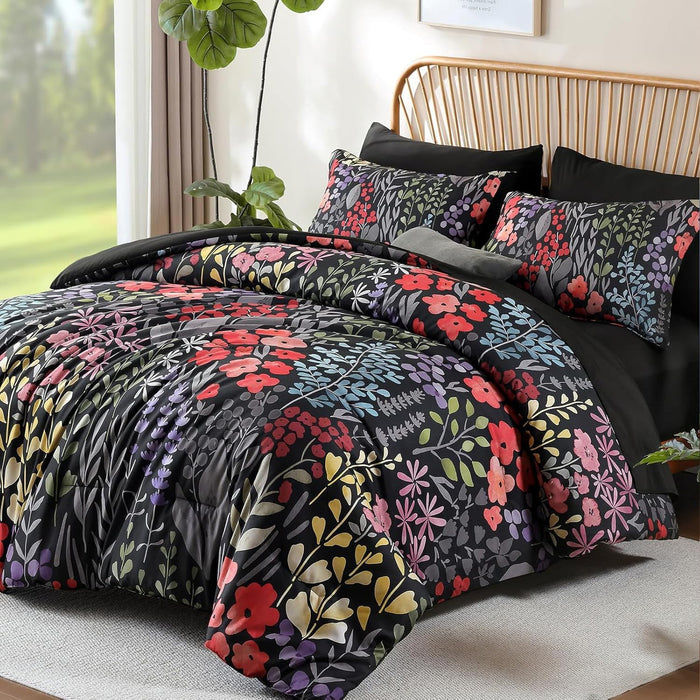 Xruibed Queen Comforter Set 7 Pieces, Blue Floral Bedding Set, Bed in a Bag Queen with Botanical Flowers Patterns, Soft Microfiber Complete Bedding Set with Sheets for All Season