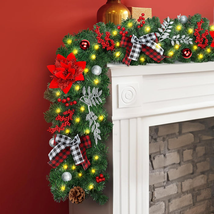 DOIOWN Christmas Garland with Lights,9Ft Prelit Christmas Garland for Mantle,100 LED Christmas Decorations Garland with Berries,Bows,Pine Cones,Flowers for Stairs Indoor Outdoor Decor Battery Operated