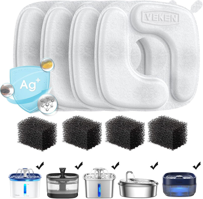 Veken Cat Water Fountain Filters, 8 Pack Replacement Filters & 8 Pack Replacement Pre-Filter Sponges Set for 50oz, 84oz, 95oz Automatic Pet Fountain Dog Water Dispenser