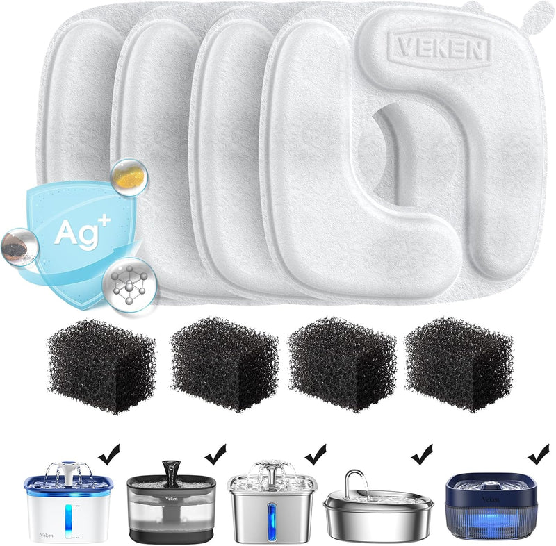 Veken Cat Water Fountain Filters, 8 Pack Replacement Filters & 8 Pack Replacement Pre-Filter Sponges Set for 50oz, 84oz, 95oz Automatic Pet Fountain Dog Water Dispenser