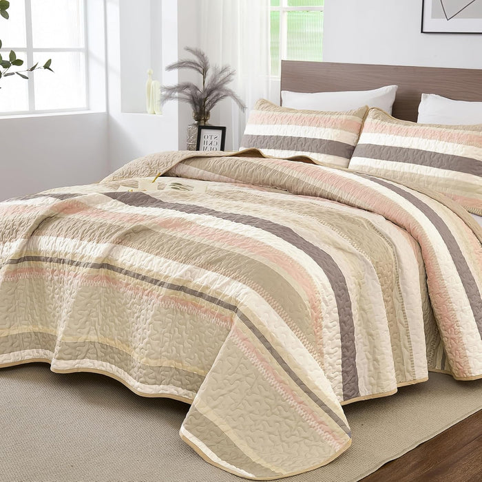 WONGS BEDDING Orange Queen Quilt, Striped Quilts Bedspread Set with Shams, Halloween Fall Coverlet Bedding Set for Bed 96"×90"